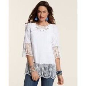 Chicos White Lace-Trim Tunic Top Size 2 Large 100% Cotton Embroidered